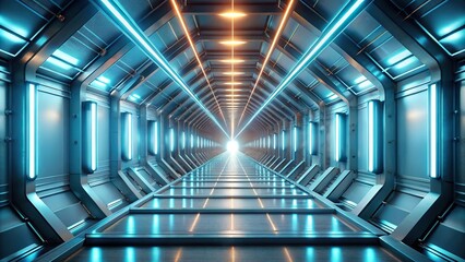 Fototapeta premium Futuristic tunnel with neon lights in abstract spaceship corridor