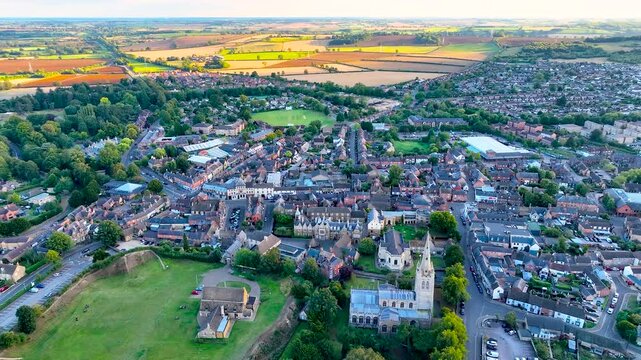 Aerial view of All saint church in Oakham, a market town and civil parish in Rutland in the East Midlands of England, UK