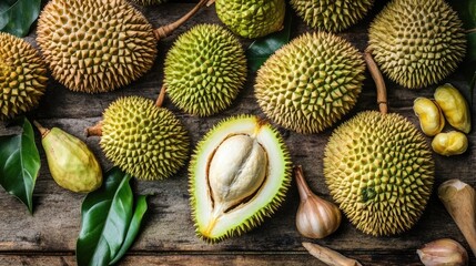 A chef preparing a gourmet dish featuring durian, surrounded by various cooking ingredients, demonstrating the versatility of this unique fruit in fine dining. --chaos 70