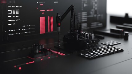 Abstract industrial scene with a black backdrop featuring a crane model and red lights.