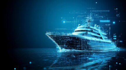 A futuristic yacht depicted with digital elements on a serene water background.