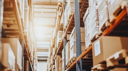 Fototapeta premium A clean warehouse floor with stacks of boxes labeled and ready for distribution, under the soft glow of natural light. --chaos 70