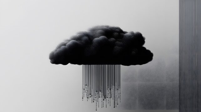 A surreal black cloud emitting rain of binary code against a minimalist backdrop.