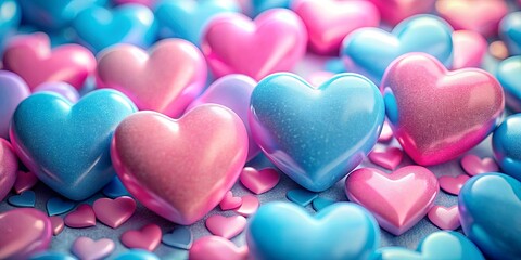 Obraz premium A close-up view of a collection of vibrant pink and blue heart-shaped objects, their glossy surfaces reflecting soft light, suggesting a playful and romantic mood.