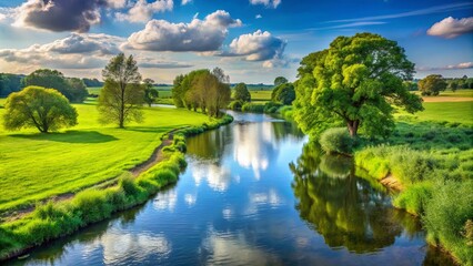 Obraz premium A serene winding river meanders through a verdant landscape, with lush green foliage and a tranquil blue sky reflecting on its surface.