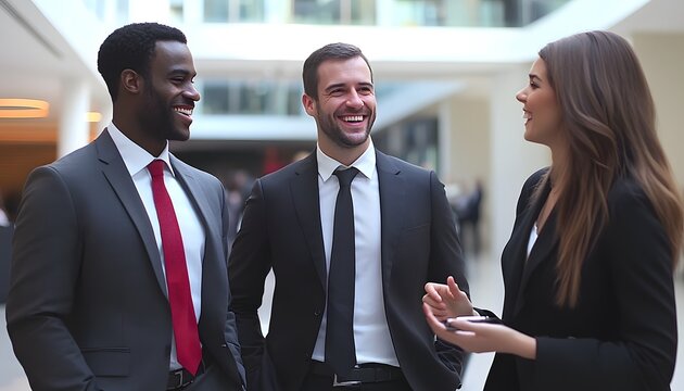 Three Business Professionals Laughing and Talking in a Modern Office Setting