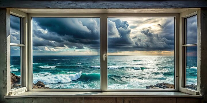 A framed perspective of a stormy seascape, where rolling waves crest under a dramatic sky of dark clouds
