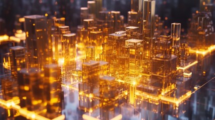 A striking 3D rendering of a cityscape constructed from golden, glowing blocks. The abstract design and reflective surfaces create a high-tech, futuristic ambiance.