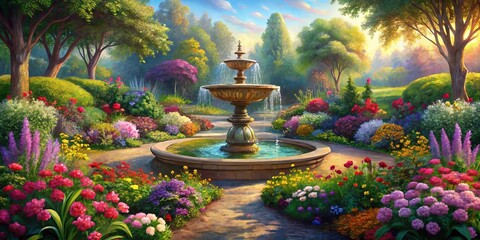 Obraz premium A Serene Garden Oasis With a Cascading Fountain Surrounded by Vibrant Flowers and Lush Greenery
