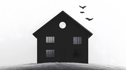 Mysterious black house silhouette under a full moon with flying birds overhead.