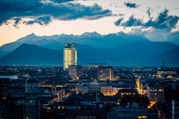 Naklejka premium Evening view of Torino from the Monte dei Cappuccini.