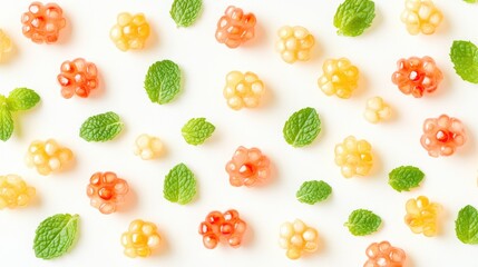 A close-up of pomegranate seeds arranged artfully on a dessert plate, garnished with mint leaves, showcasing the fruit's elegance in gourmet dishes. --chaos 70