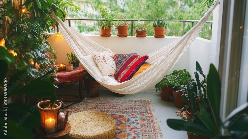 Poster a serene balcony features a soft hammock adorned with colorful cushions, surrounded by lush green pl