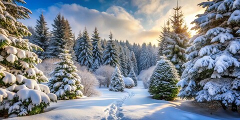 A Path Through a Pristine Winter Wonderland, With Snow-Covered Trees Casting Long Shadows on the Sparkling White Landscape