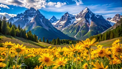 Fototapeta premium A field of vibrant yellow wildflowers in full bloom stretches out before a backdrop of majestic snow-capped mountains, creating a breathtaking scene of natural beauty.