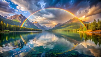 A majestic rainbow arching over a serene mountain lake, reflecting the vibrant hues of nature's masterpiece.