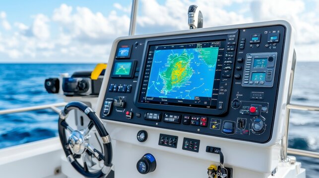 A marine navigation console displaying maps and controls for boating.