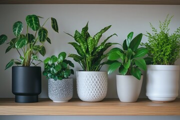 Fototapeta premium A collection of houseplants arranged on a shelf, bringing a touch of nature indoors