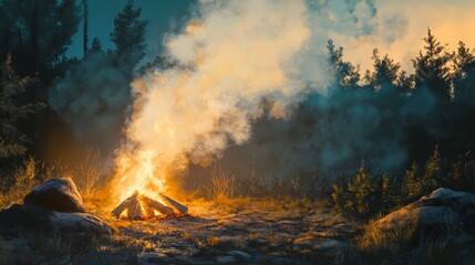 Tranquil Campfire in a Forest at Dusk