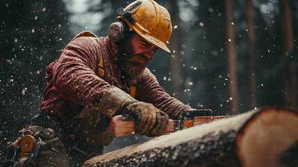 Lumberjack Cutting a Log with a Chainsaw in a Forest