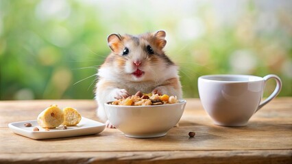 A Small Furry Creature Sits At A Table With A Bowl Of Food, A Cup Of Tea, And A Piece Of Bread