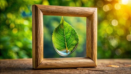 A solitary leaf suspended in a wooden frame, bathed in sunlight, against a backdrop of verdant foliage.