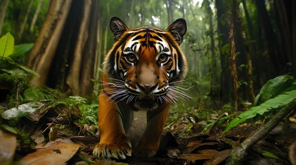 A close-up of a tiger emerging from the underbrush in a protected forest, set against a backdrop of towering trees, representing the significance of wildlife conservation in maintaining biodiversity. 