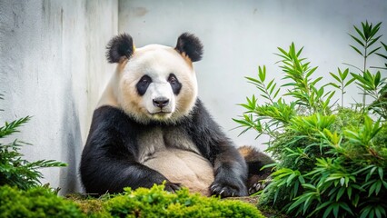 Fototapeta premium Giant panda resting near green plants against minimalist white wall Panoramic