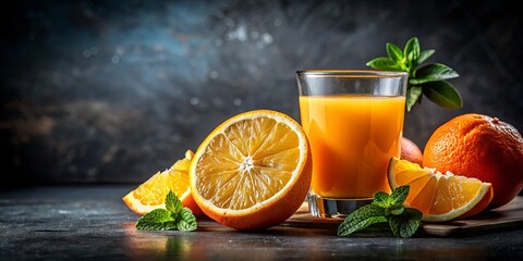 A Freshly Squeezed Glass of Orange Juice Surrounded by Slices and Mint Leaves on a Rustic Table