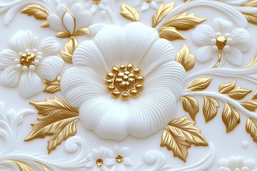 3D White Flowers with Gold Accents Background Wall Art