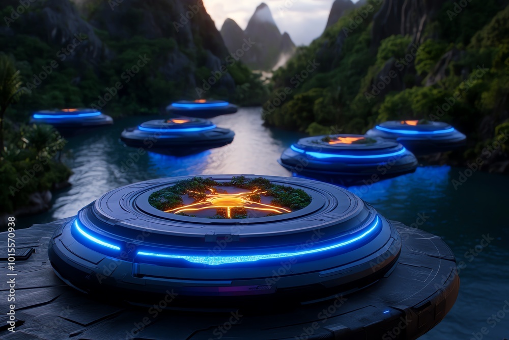 Poster fantasy depiction of a utopian future city, with floating structures, glowing energy sources, and na