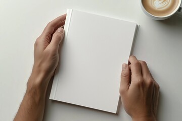 Obraz premium Open Notebook with Hands, Coffee, and Glasses Mockup Background