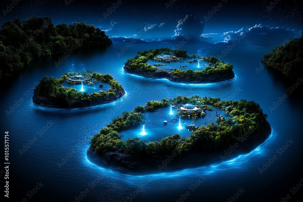 Poster fantasy depiction of a utopian future city, with floating structures, glowing energy sources, and na