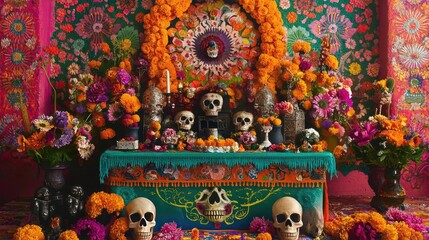 A vibrant altar decorated with colorful flowers and skulls, celebrating cultural traditions and honoring departed loved ones.