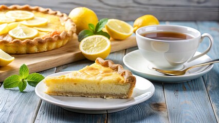 A Slice of Lemon Tart on a White Plate with a Cup of Tea and Fresh Mint Leaves on a Rustic Wooden Table
