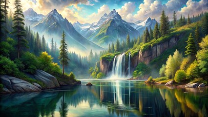 A Pristine Mountain Lake Reflecting the Majestic Waterfall Amidst a Lush Forest of Evergreens and Verdant Trees