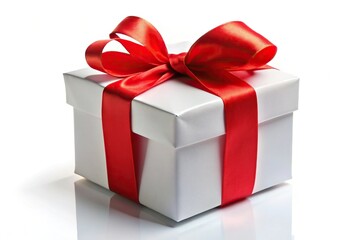 Fototapeta premium Gift box with red ribbon bow reflected on white background