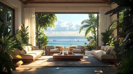 Obraz premium Tropical Living Room with Ocean View 3D Illustration