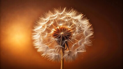 Fototapeta premium A single dandelion seed head, backlit, with soft brown hues, revealing delicate, intricate patterns within its delicate structure.