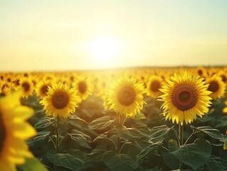 Fototapeta premium A field of sunflowers stretching as far as the eye can see, all facing the sun