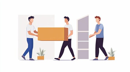 Obraz premium Three Men Carrying a Large Cardboard Box Together