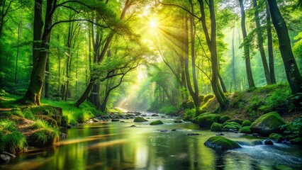 Obraz premium Sunlight Illuminates a Serene Stream Winding Through a Lush, Verdant Forest, Casting a Golden Glow on the Emerald Canopy