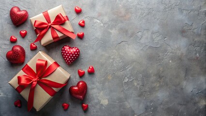 Gift boxes and decorative hearts on gray background