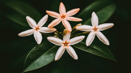 Fototapeta premium A fragrant jasmine plant growing in a sunny backyard, surrounded by colorful flowers, capturing the essence of a vibrant and lush garden in full bloom. --chaos 70