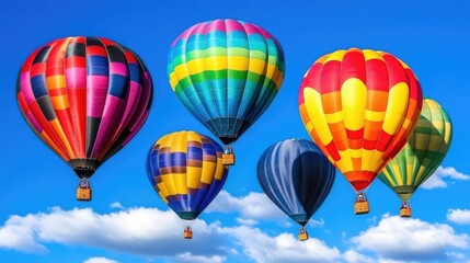 Obraz premium A group of vibrant balloons in various colors floating against a clear blue sky, gently swaying in the breeze with distant clouds. --chaos 70