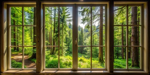 A view through a window of a lush forest, where sunlight filters through the leaves, creating a sense of tranquility and connection with nature.
