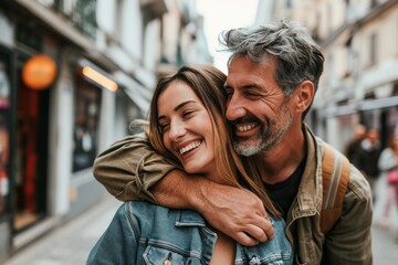 Portrait of a happy mature couple hugging in the city streets.