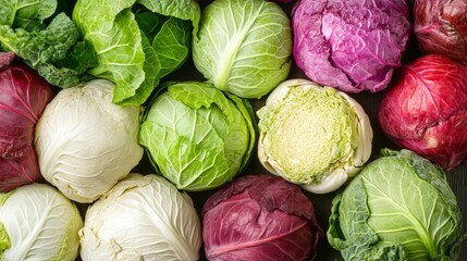 A group of different cabbage types, including red and green, arranged neatly
