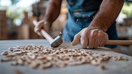 An artisan skillfully carves detailed floral designs into a block of grey stone, using a chisel and mallet. Fine dust and shavings surround the workspace, showcasing dedication to craftsmanship