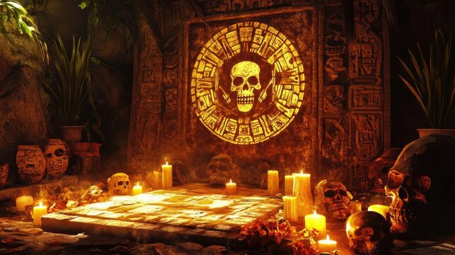 A mysterious ancient altar illuminated by flickering candles, featuring a skull motif and intricate stone carvings in a dark cavern.